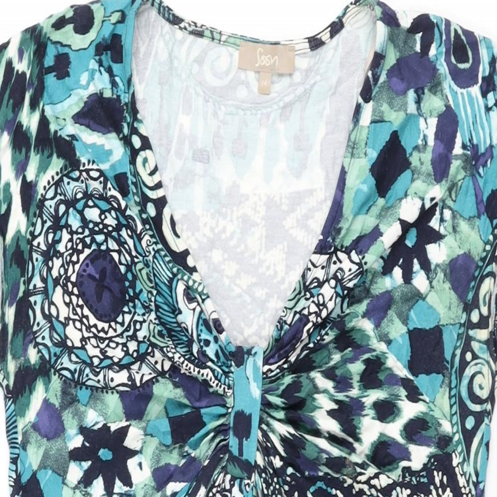 Soon Womens Blue Geometric Viscose Bodycon Size 14 V-Neck Pullover