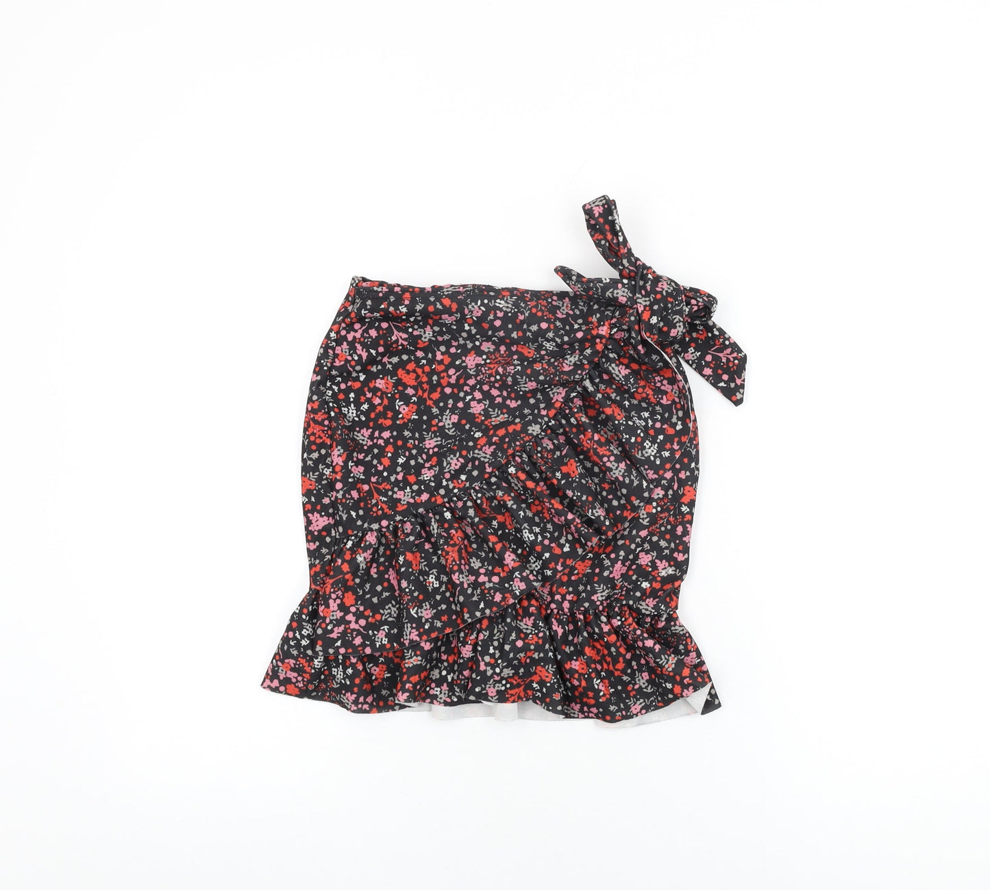 PRETTYLITTLETHING Womens Black Floral Polyester Wrap Skirt Size 6 Tie