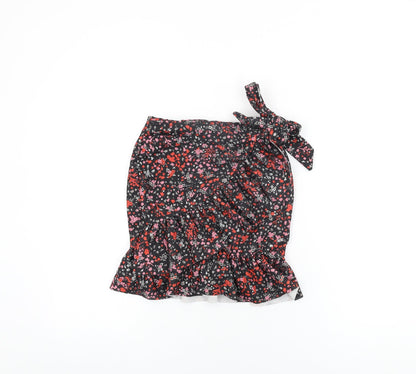 PRETTYLITTLETHING Womens Black Floral Polyester Wrap Skirt Size 6 Tie