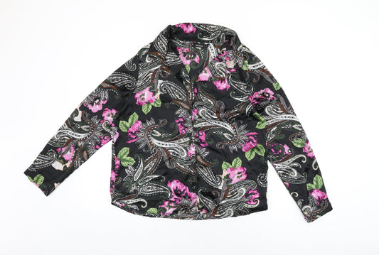 Boohoo Womens Black Floral Polyester Basic Button-Up Size L Collared