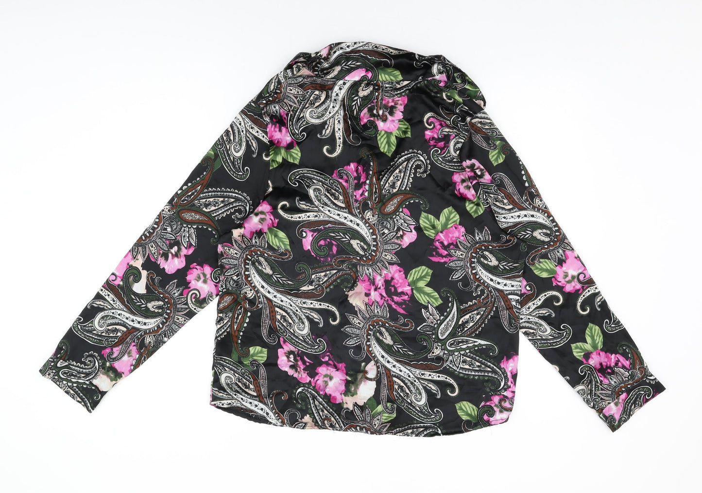 Boohoo Womens Black Floral Polyester Basic Button-Up Size L Collared