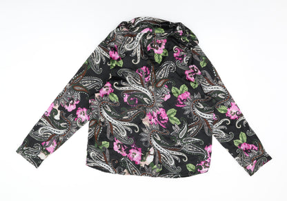 Boohoo Womens Black Floral Polyester Basic Button-Up Size L Collared