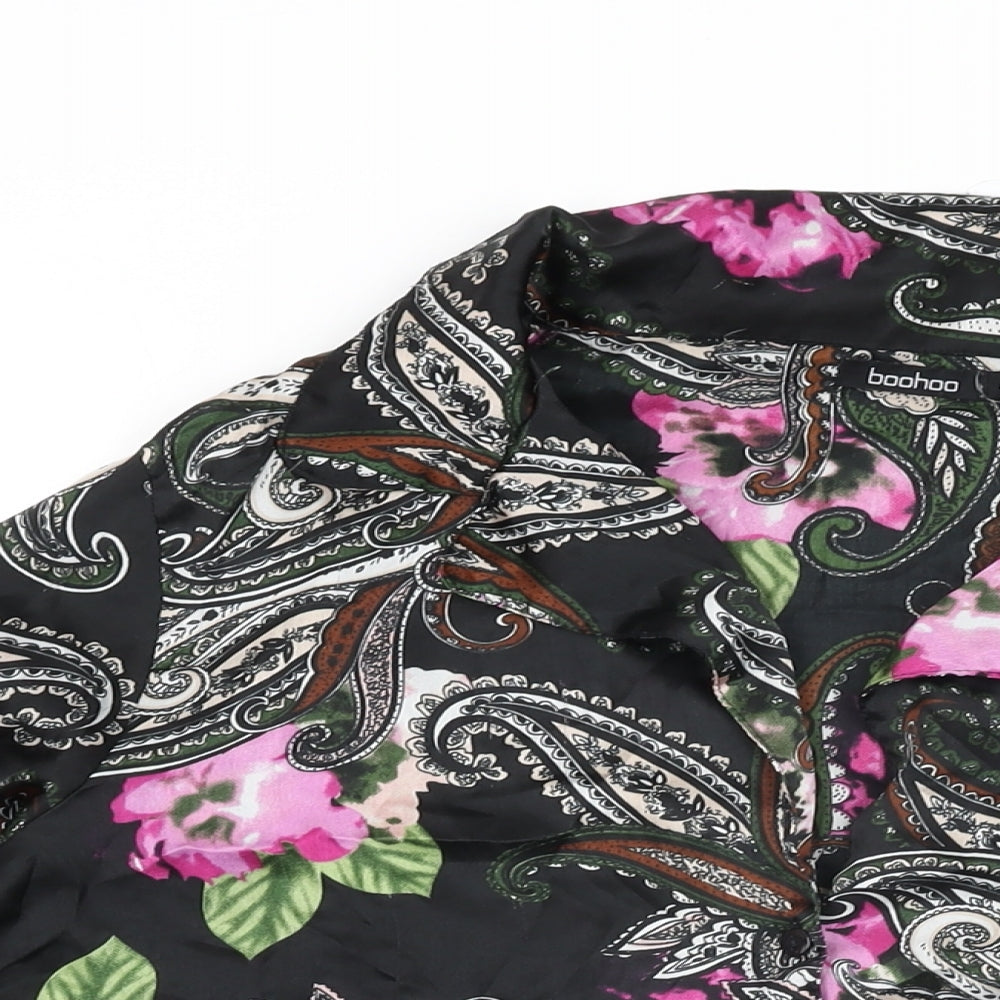 Boohoo Womens Black Floral Polyester Basic Button-Up Size L Collared