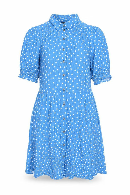 Marks & Spencer Womens Blue Polka Dot Viscose Skater Dress Size 12 Collared Button