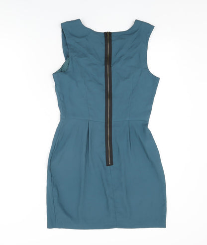 Topshop Womens Blue Polyester Shift Size 10 Round Neck Zip
