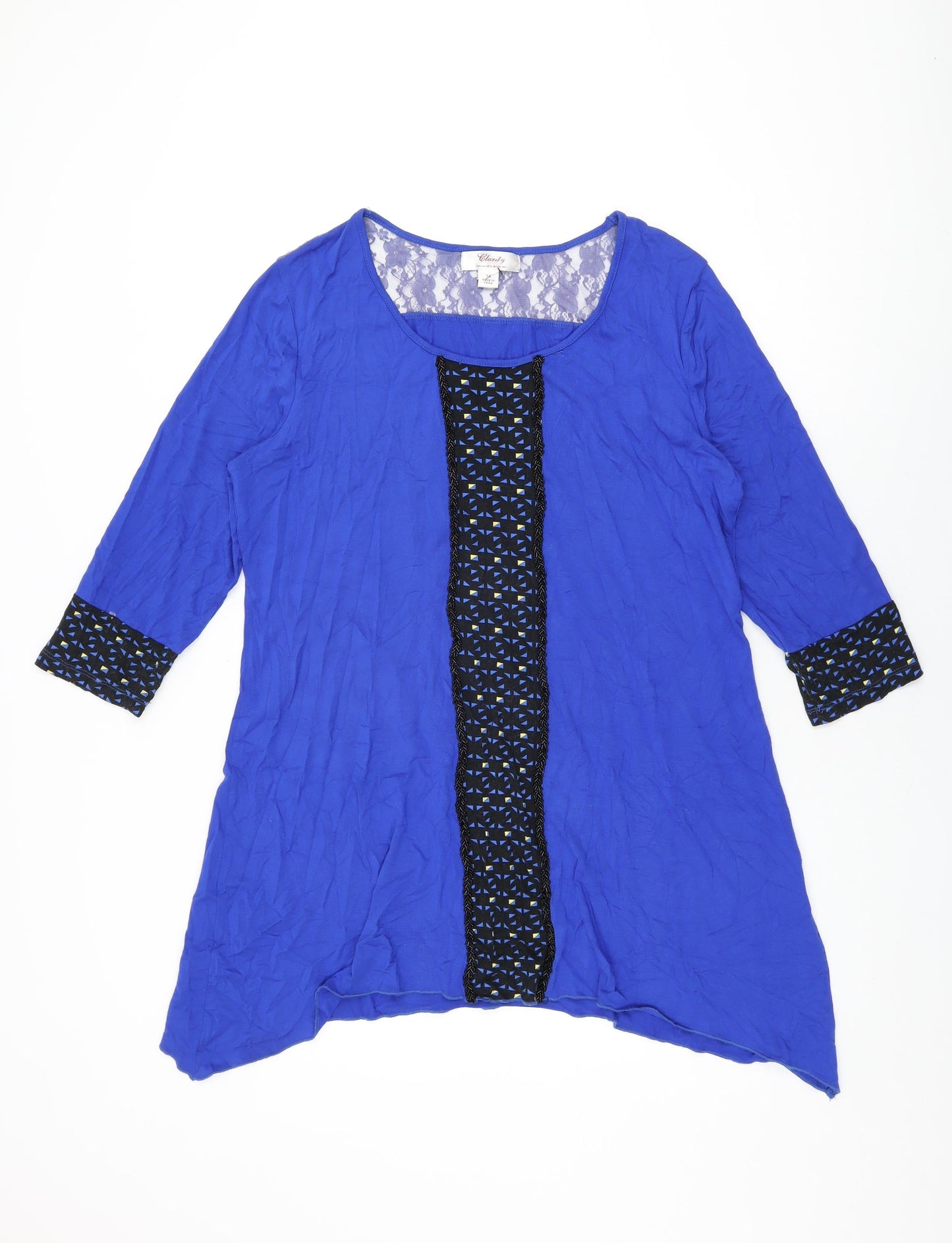 Clarity Womens Blue Geometric Cotton Basic T-Shirt Size 14 Round Neck