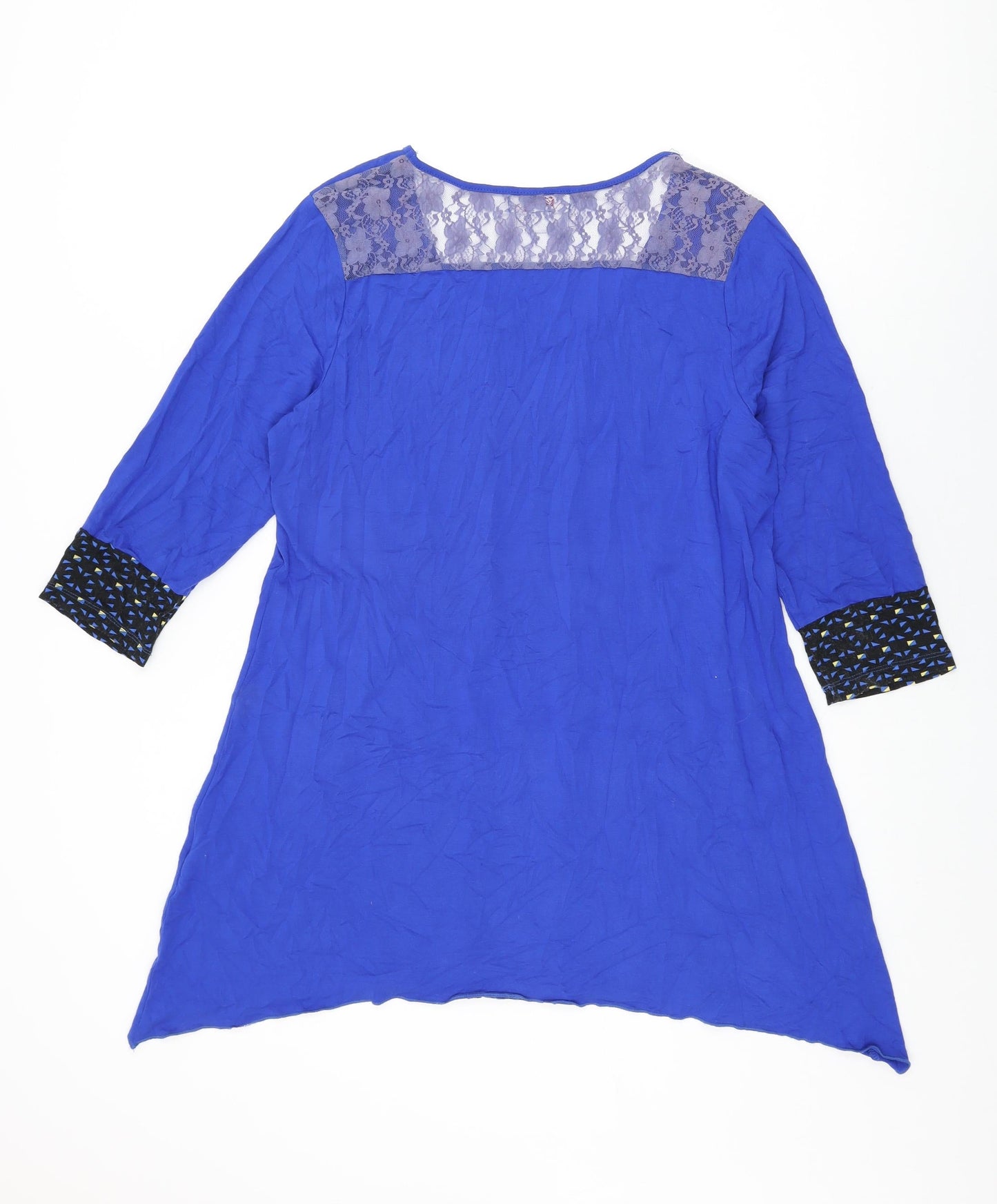 Clarity Womens Blue Geometric Cotton Basic T-Shirt Size 14 Round Neck