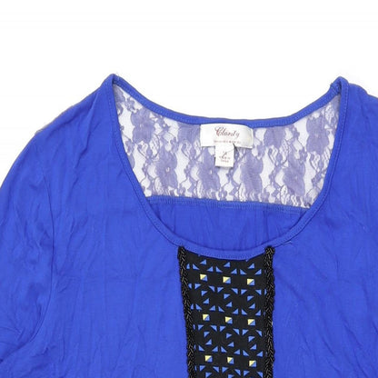 Clarity Womens Blue Geometric Cotton Basic T-Shirt Size 14 Round Neck