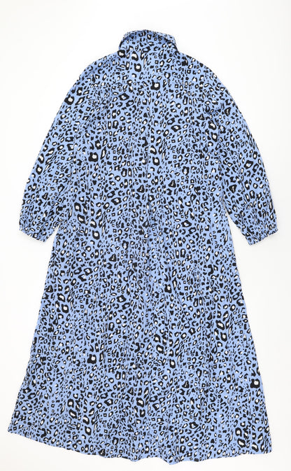 Sarta Womens Blue Animal Print Viscose Shirt Dress Size S Collared Button
