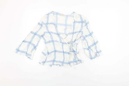 Miss Selfridge Womens White Geometric Viscose Wrap T-Shirt Size 10 V-Neck