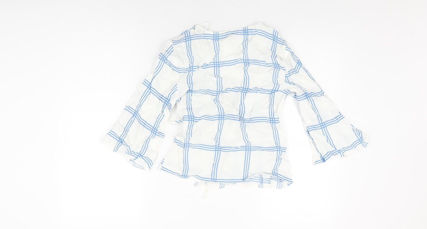 Miss Selfridge Womens White Geometric Viscose Wrap T-Shirt Size 10 V-Neck