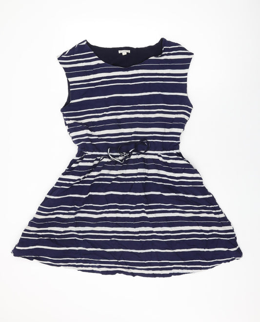 Gap Womens Blue Striped Viscose Skater Dress Size M Round Neck Drawstring