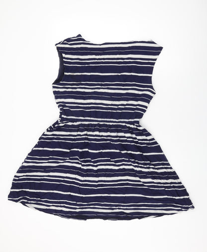 Gap Womens Blue Striped Viscose Skater Dress Size M Round Neck Drawstring