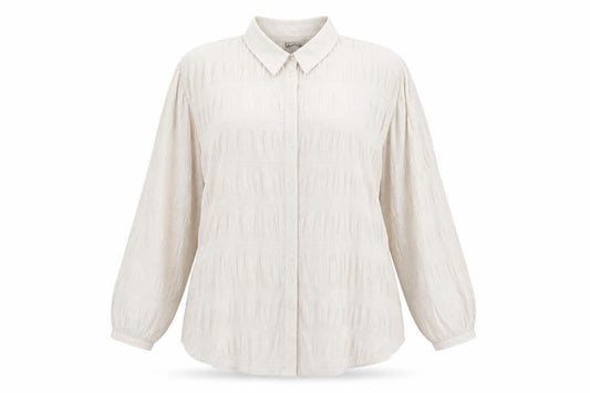 Front view of ASOS women’s beige polyester basic button-up, size UK 18, collared