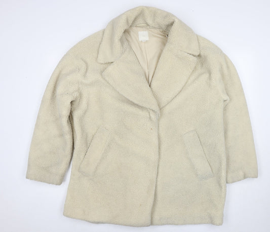 H&M Womens Ivory Overcoat Coat Size L Snap - Teddy Fleece