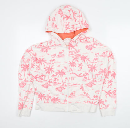 Marks and Spencer Girls White Floral Cotton Full Zip Hoodie Size 12-13 Years Zip