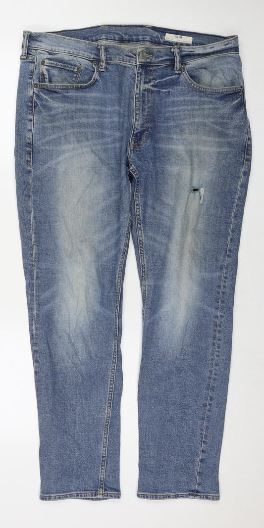 Marks and Spencer Mens Blue Cotton Straight Jeans Size 38 in L29 in Regular Zip