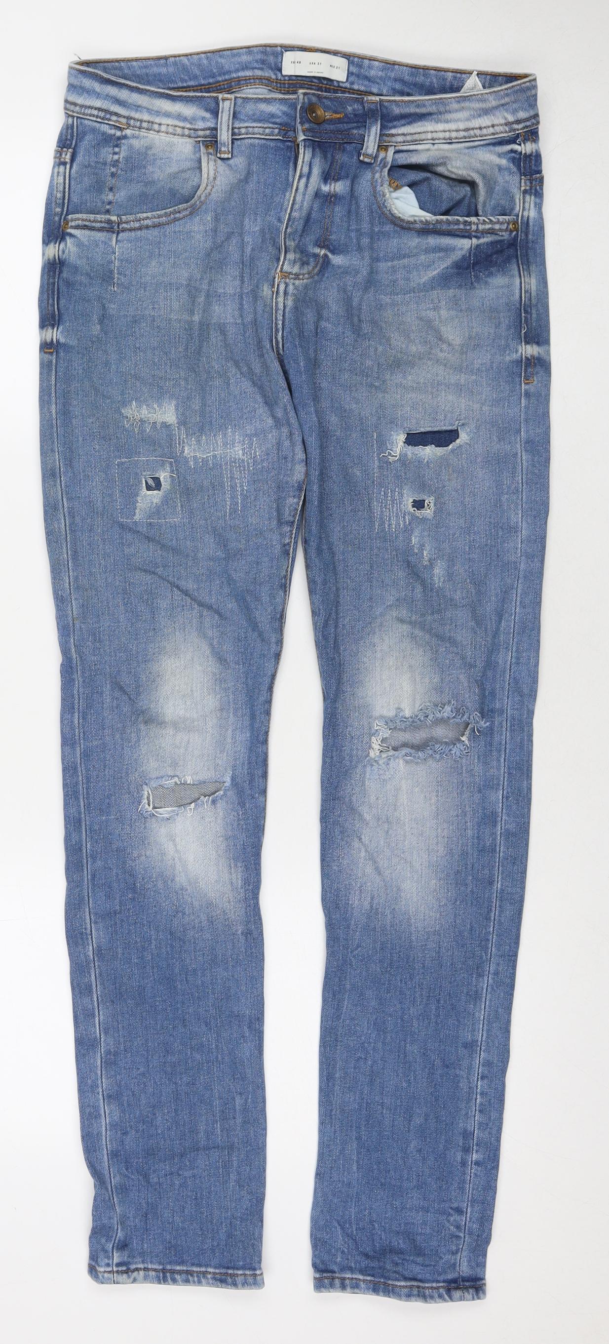 Zara Mens Blue Cotton Skinny Jeans Size L L31 in Regular Zip