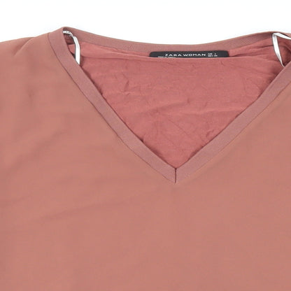 Zara Womens Brown Polyester Basic Blouse Size L V-Neck - Oversized