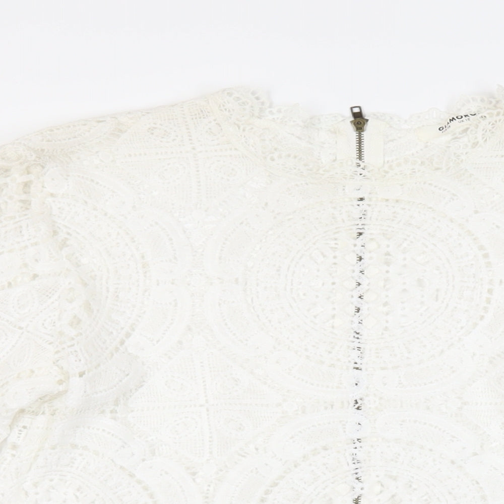 Glamorous Womens White Cotton Cropped Blouse Size 10 Mock Neck