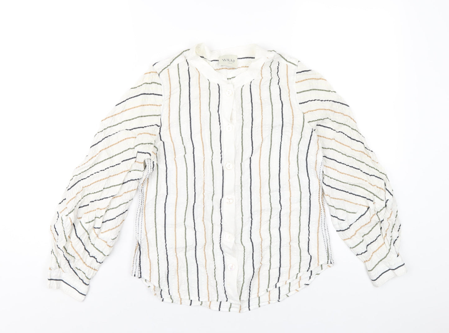 Wrap London Womens White Striped Viscose Basic Button-Up Size 8 Round Neck