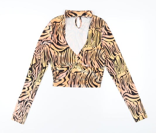 Bershka Womens Orange Geometric Polyester Basic T-Shirt Size S V-Neck