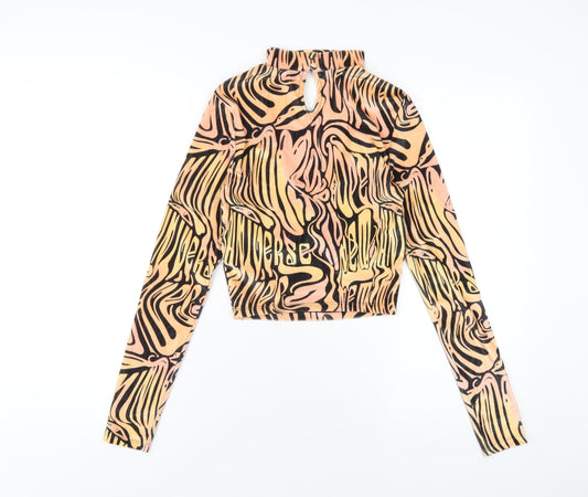 Bershka Womens Orange Geometric Polyester Basic T-Shirt Size S V-Neck