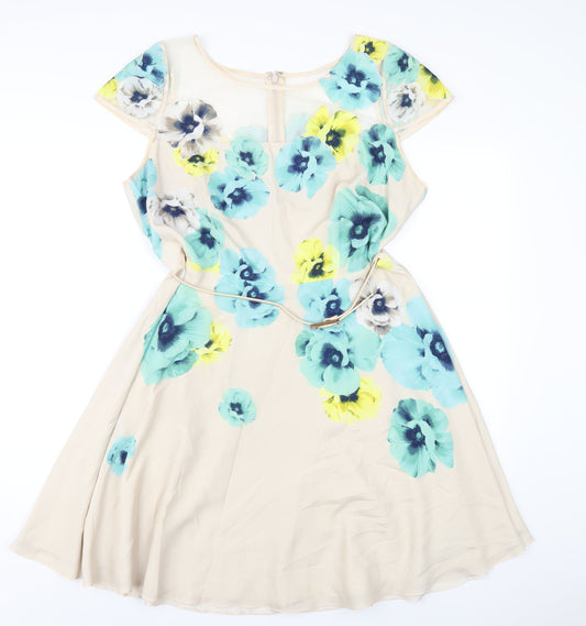 Coast Womens Beige Floral Polyester A-Line Size 16 Round Neck Zip