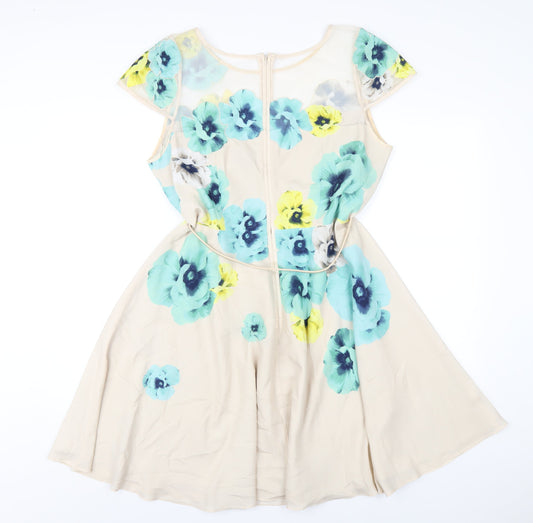 Coast Womens Beige Floral Polyester A-Line Size 16 Round Neck Zip