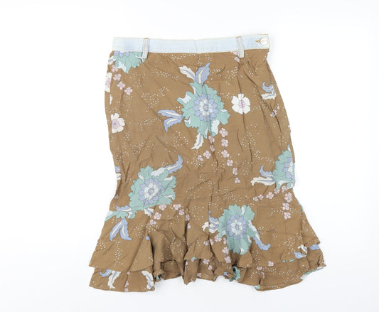 Mango Womens Brown Floral Viscose A-Line Skirt Size 10 Zip