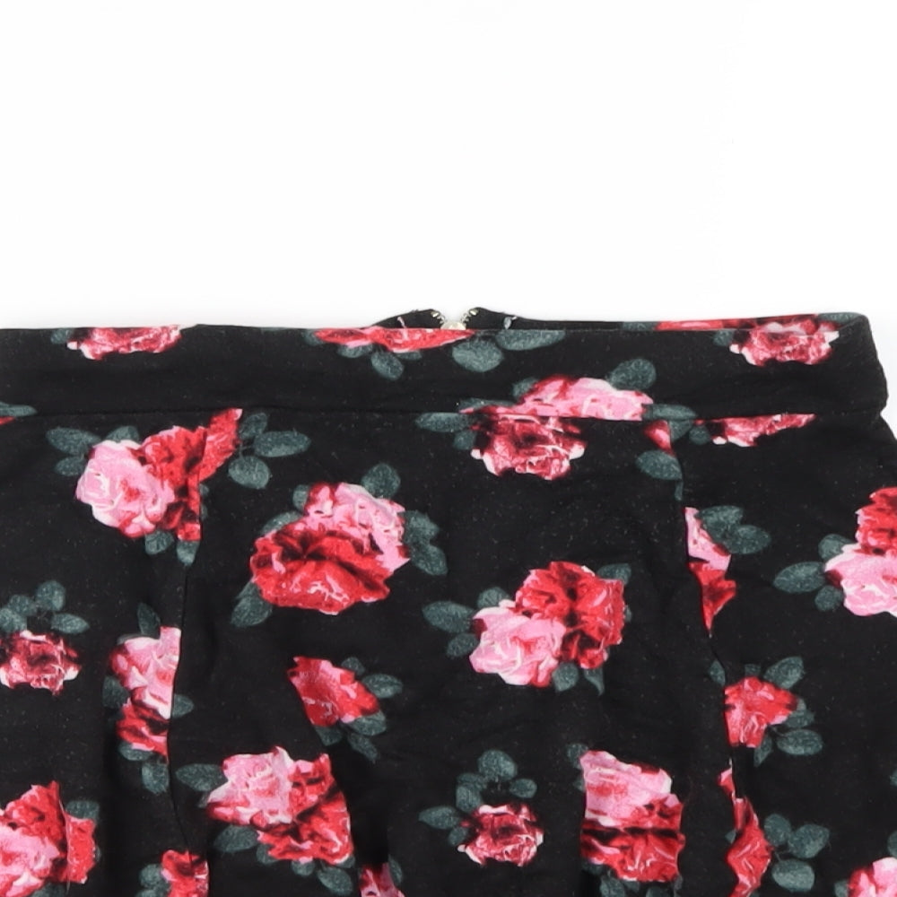 H&M Womens Black Floral Viscose Skater Skirt Size XS Zip