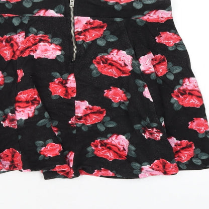H&M Womens Black Floral Viscose Skater Skirt Size XS Zip