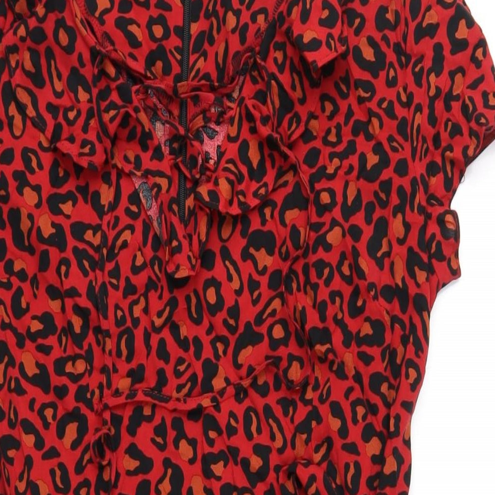 Dorothy Perkins Womens Red Animal Print Viscose A-Line Size 12 V-Neck Zip