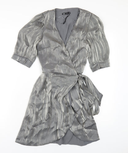Zara Womens Silver Polyester Wrap Dress Size XS V-Neck Tie