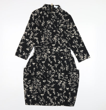 Blue Vanilla Womens Black Floral Polyester A-Line Size 10 Mock Neck Zip