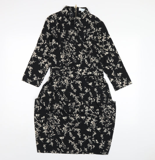 Blue Vanilla Womens Black Floral Polyester A-Line Size 10 Mock Neck Zip