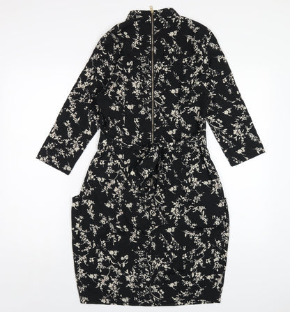 Blue Vanilla Womens Black Floral Polyester A-Line Size 10 Mock Neck Zip