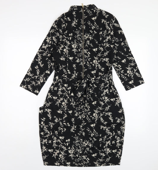 Blue Vanilla Womens Black Floral Polyester A-Line Size 10 Mock Neck Zip