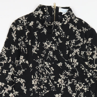 Blue Vanilla Womens Black Floral Polyester A-Line Size 10 Mock Neck Zip
