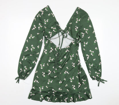 River Island Womens Green Floral Polyester A-Line Size 10 V-Neck Pullover