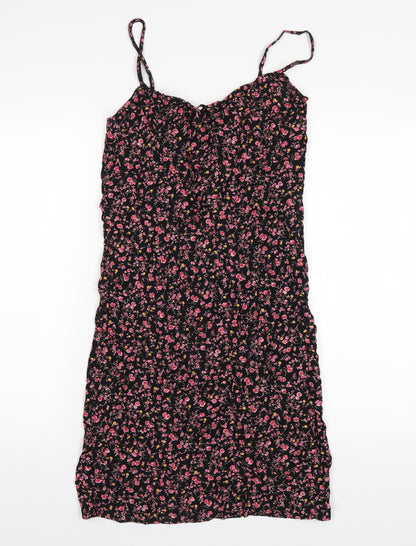 BHS Womens Black Floral Viscose A-Line Size 12 V-Neck Pullover