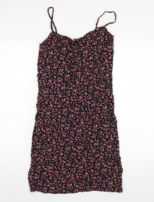 BHS Womens Black Floral Viscose A-Line Size 12 V-Neck Pullover