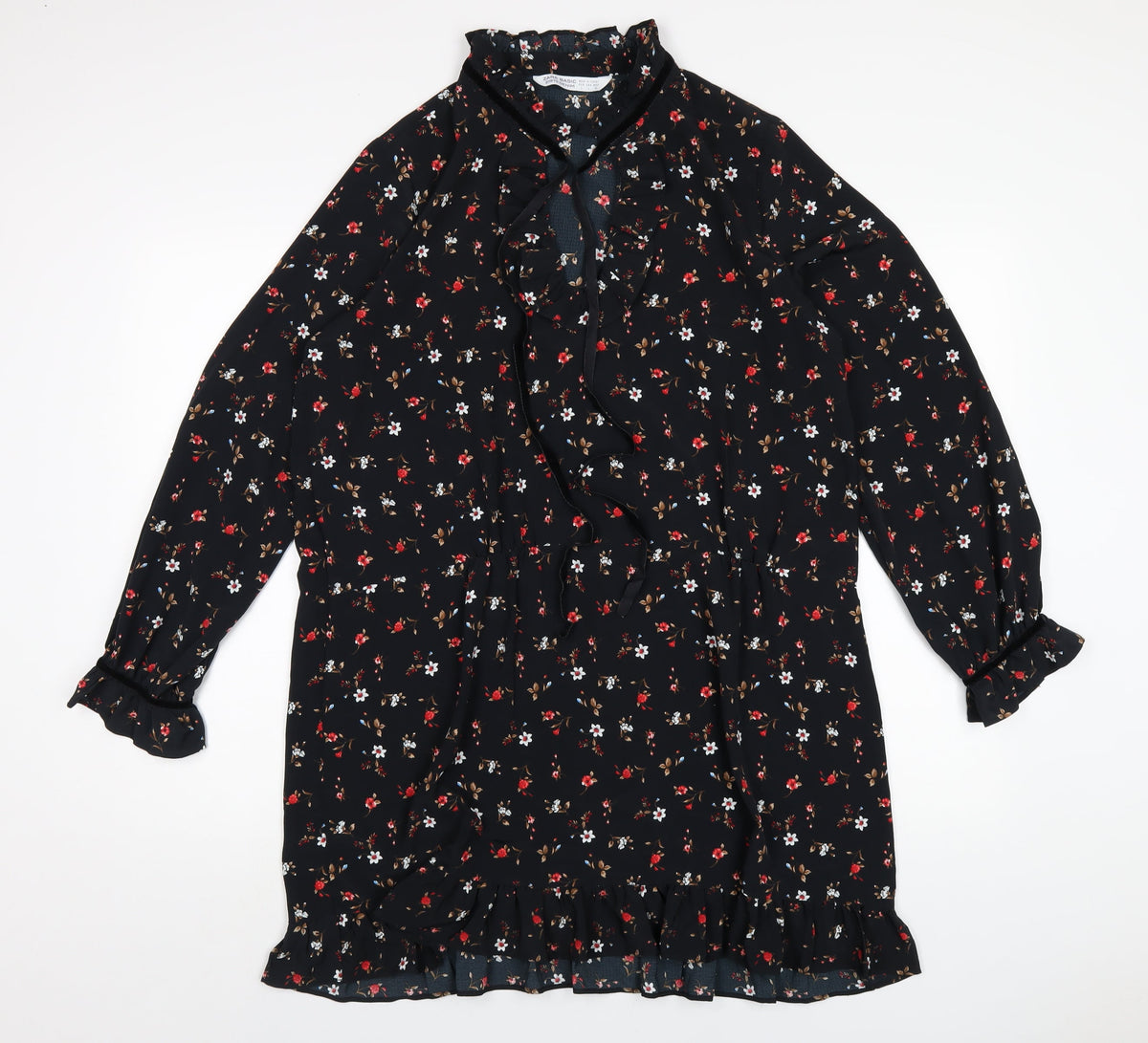 Zara Womens Black Floral Polyester A-Line Size L V-Neck Pullover