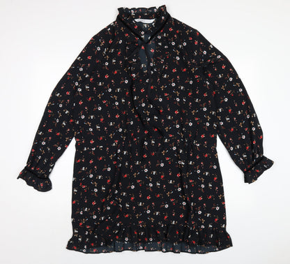 Zara Womens Black Floral Polyester A-Line Size L V-Neck Pullover
