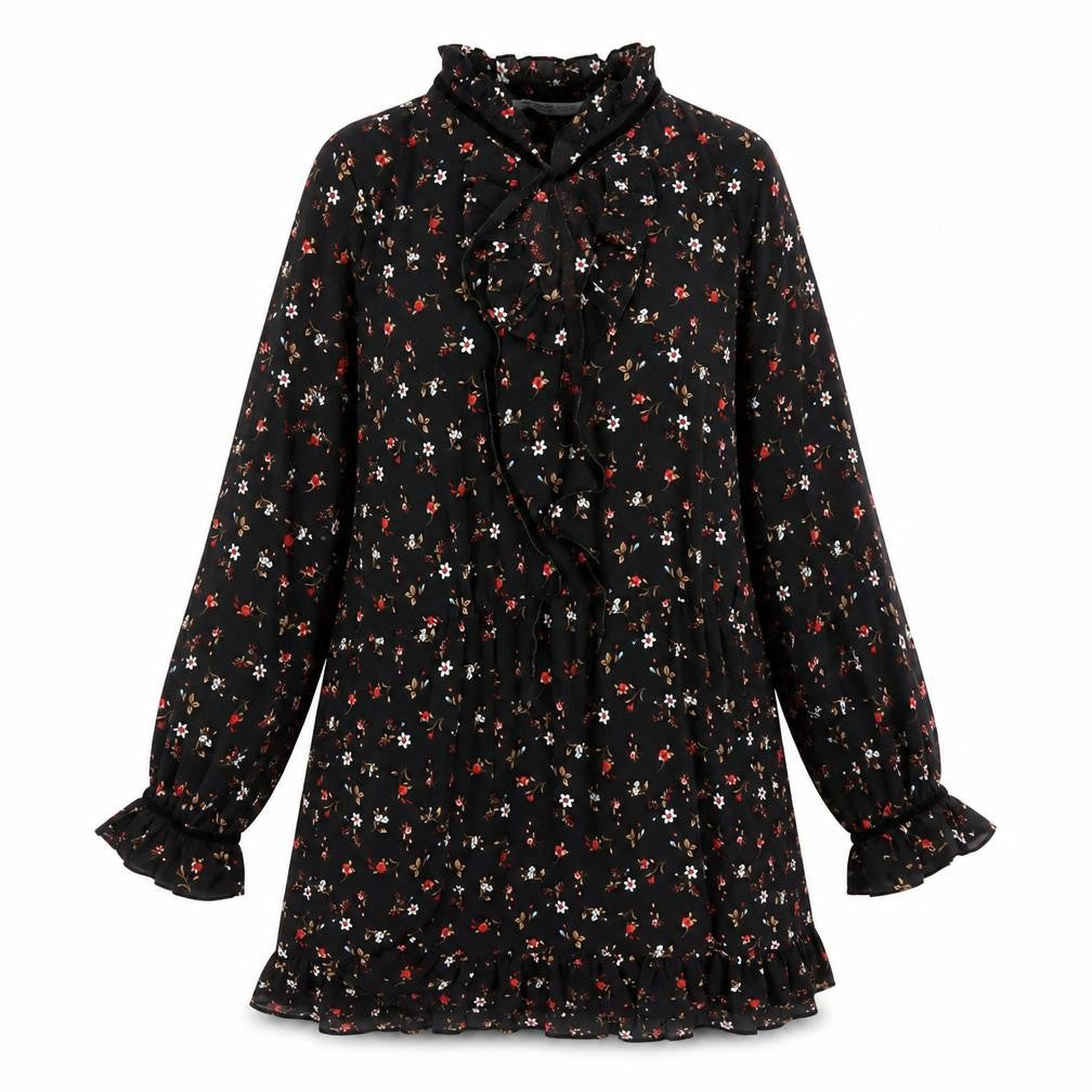 Zara Womens Black Floral Polyester A-Line Size L V-Neck Pullover