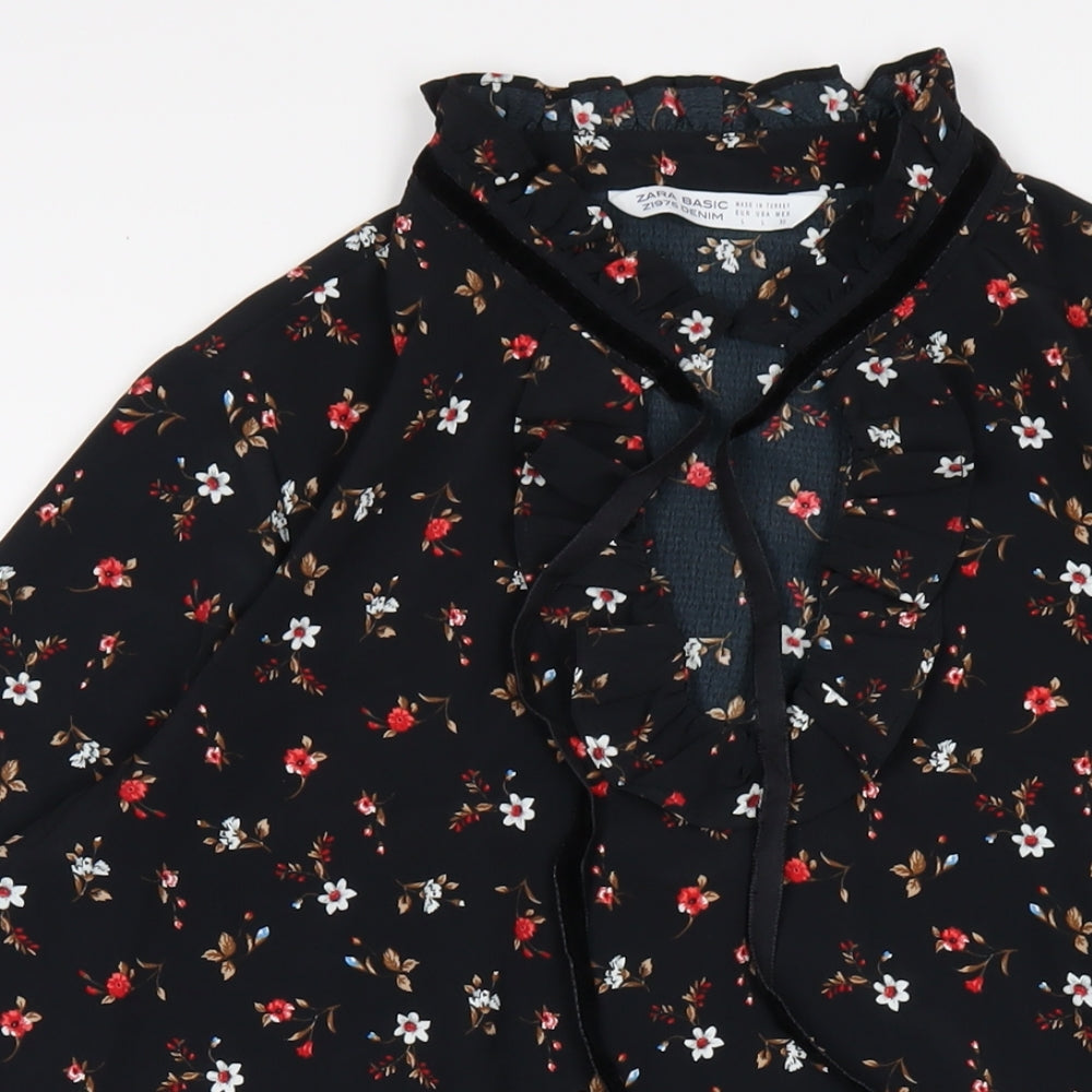 Zara Womens Black Floral Polyester A-Line Size L V-Neck Pullover