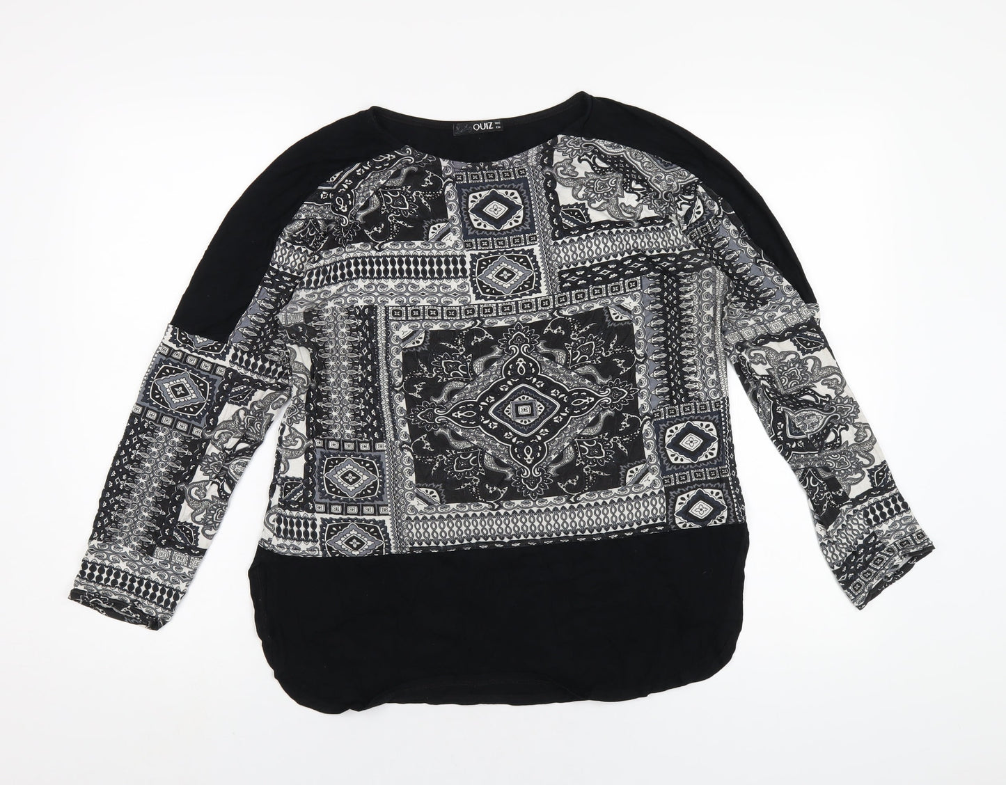 Quiz Womens Black Geometric Viscose Basic T-Shirt Size 10 Round Neck