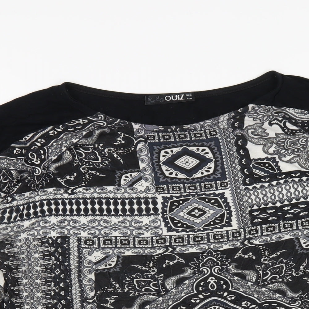 Quiz Womens Black Geometric Viscose Basic T-Shirt Size 10 Round Neck