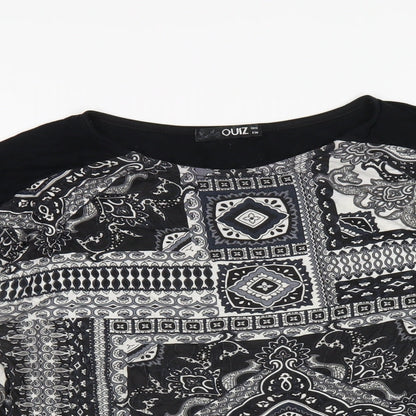Quiz Womens Black Geometric Viscose Basic T-Shirt Size 10 Round Neck