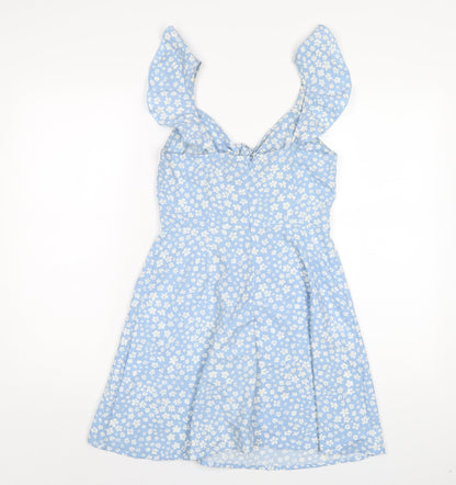 QED London Womens Blue Floral Polyester A-Line Size 6 V-Neck Zip